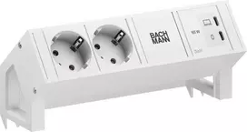 Bachmann DESK2 Pure White stalinis maitinimo modulis su 2x Schuko lizdais ir 65W USB-C PD, 0,2 m laidu, RAL 9010