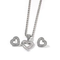 THE BLING KING BaguetteCZ Hollow Heart Jewelry Set Full Iced Cubic Zirconia Love Style Earrings Pendant Necklace Women Jewelry Box chain&16inch