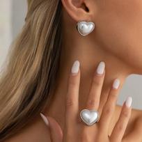 Salircon Simple Romantic Heart Imitation Pearl Open Ring Stud Earrings Women Fashion Jewelry Set Elegant Valentine's Day Gifts