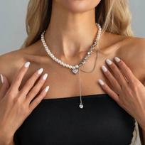SHIXIN Elegant Multilayer Tassel Chain Heart Pendant Necklace for Women Vintage Creative Imitation Pearl Choker Wedding Jewelry