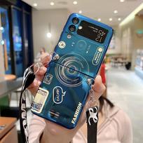Retro Blue Ray fotoaparato telefono dėklas, skirtas Samsung Galaxy Z Flip 3 Z sulankstomas 5G S22 S21 Ultra S20 plus A12 A22 A32 A52 sulankstomas peties dirželis silikoninis dangtelis Samsung S22 mėlyna