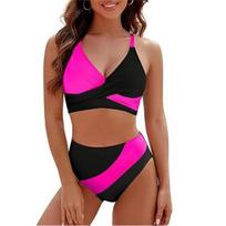 Women 2 Pieces Bikini Set Patchwork V-Neck Sleeveless Tops Thong Bottoms Beach Bathing Suit for Women S
