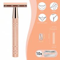 Rose Gold Double-Edge Razor With 10 Blades, Unisex, Reusable Shaver For Home And Travel rožinio aukso spalvos