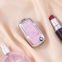 Crystal Pink Tpu For Vw Beetle Eos Golf 6 Jetta Tiguan Seat Skoda Fabia 3 Button Flip Remote Car Key Case Cover Fob Bag Keychain