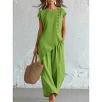2026 Cross-border Europe and America Bohemian Crew Neck Button Short Sleeve Top Wide Leg Pants Set Seaside Vacation Two-piece Set S žalia