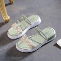 New Flat Rhinestone Shoes with Flip-flops Thick-soled Wedge Heels for Ladies 35 žalia