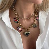 SHIXIN Vintage Enamel Painted Flowers Large Love Heart Pendant Necklace for Women Luxury Double Layer Thick Chain Choker Gifts