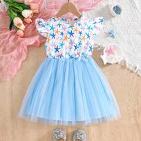 Cute Bow Print Ruffle Tulle Tutu Princess Dress for Girls 3-8 Years Sweet Style Summer Casual Party Wear Children Dress 4Y dangaus mėlyna spalva