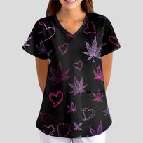Women's Cartoon Cute Print Loose V-Neck Pocket Short-Sleeve  Uniform L juoda