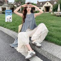 Women's Pure Cotton Two-Piece Vest Dress & Wide-Leg Pants Set XL
