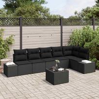 7 Piece Garden Sofa Set with Cushions Black Poly Rattan