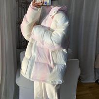 Harajuku Tie-dye Winter Oversize Parkas Women Casual Overcoat Korean Loose Hooded Puffer Jacket Female Warm Cotton Padded Coat L white