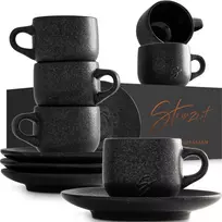 Steinzeit espresso puodelių ir lėkštelių rinkinys, keramika, 6 x 80 ml, rankų darbo, juoda