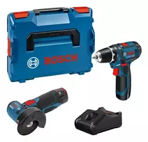 Bosch GSR 12V-15 + GWS 12V-76 + 2 baterijos 2 Ah + GAL 12V-40 (L) Professional rinkinys