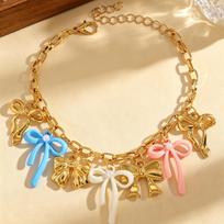 Summer Fashion Dopamine Colorful Drip Oil Bow Pendant Necklace Bracelet Anklet Set for Women Sweet Girl Vacation Jewelry Sets