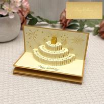 Folding 3D Pop-Up Cake Greeting Card 6 Card Slots Musical Light Gift Card Money Bag  Birthday Party Gold Without Lights