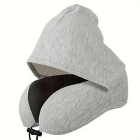 Memory Foam Hooded U-Shaped Travel Pillow with Detachable Cover Portable Neck Support for Airplane Office Nap Car and Home Use 25x23x15cm pilka
