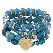 HX6F Ethnic Inspired Elastic Crystal Heart Bracelet With Multilayer Beads And Moving Fringe žalia