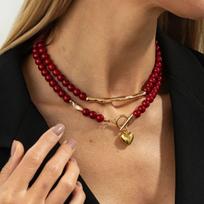 Salircon Trendy Red Acrylic Beaded Chain Love Heart Pendant Necklace Women Doublelayer OT Clavicle Chain Daily Wear Jewelry Gift