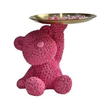 Roses Bear Storage Tray Key Candy Storage Ornament Exquisite Bear Statue Tray Decor Multifunction Bear Figurines for Home Decor rožinė