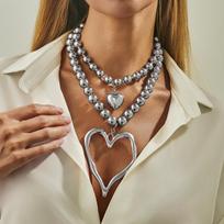 Salircon 2Pcs/Set Exaggerated Hollowout Large Heart Pendant Necklace for Women Punk CCB Beaded Choker Chain Party Jewelry Gifts