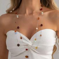 SHIXIN Bohemia Colorful Resin DoubleLayer Necklace Women Retro Exquisite Long Necklace Daily Trend Matching Banquet Jewelry Gift