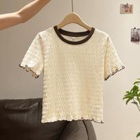 Fungus edge contrasting color short-sleeved T-shirt women's short summer dress design sense niche slim and thin half-sleeved tops and clothes ins tide S abrikosas