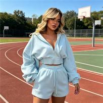 Women 2 Piece Tracksuit Oversized Zip Up Hoodie Drawstring Shorts Casual Sports Set L mėlyna