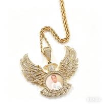 THE BLING KING Custom Angel Wings Round Photo Pendant DIY Pictures Memory Medallions Necklace Personalized HipHop Jewlery Cuban chain&Gold