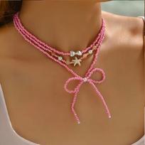 Simple Multilayer Dopamine Bowknot Starfish Summer Stylish Beads Y2K Chain Necklace for Women Sweet Vocation Beach Jewelry Gifts rožinė