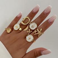 Fashion Irregular Geometry Liquid Metal Starfish White Drip Glaze Fan-shaped Shell Adjustable Joint Ring for Women Jewelry Gift resizable
