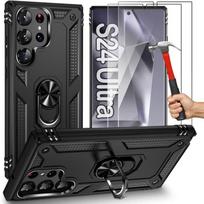 Case and 2 Tempered Glasses - for Samsung Galaxy S24 Ultra - Black - Anti-Scratch - Shockproof - with Stand Ring juoda