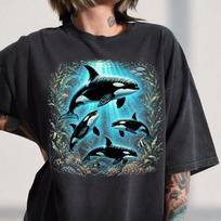 Orca Whale Ocean Shirt, Vintage Marine Life Tee, Retro Killer Whale Graphic, Coastal Wildlife Nature Gift, Moonlight Ocean Lightning Tee XL