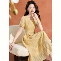 Melanie French Floral Pleated Square Neck Summer Maxi Dress L šviesiai geltonos spalvos