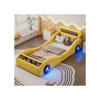 Lit voiture rembourré - MUVOE - 90x200cm - Jaune - Roues lumineuses - Espace de rangement geltona