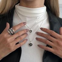 Salircon 2 Pcs/Set Simple Black Acrylic Love Heart Pendant Necklace Rings Set for Women 2026 Trendy Exquisite Daily Wear Jewelry