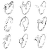 Fashion Vintage Heart Toe Rings Opening Alloy Butterfly Foot Ring Set Hollow Out Overlay Crystal Finger Ring Girls