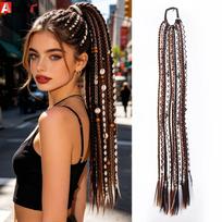 Sintetinis Bohemiškas Pintas Elastingas Gumos Juostos Ponytail Perukas Rankomis Pintas Galvos Juosta Su Karoliukais Nešvarios Kasos Tinka Moterims Nešioti black