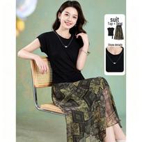 Melanie Summer Retro Print Pleated T-shirt and Skirt Set L juoda