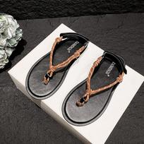 Fashion mixed color rope strap thong sandals women flat heel clip toe gladiator sandalias mujer back hook summer beach shoes big size 43 34