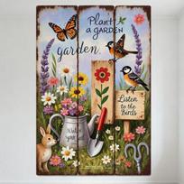 Garden Triptych Metal Tin Sign Whimsical Monarch Butterfly Chickadee Birds Flowers Wall Decor for Home Garden Office Living Room 20x30cm（7.8x11.8inch）