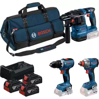 BOSCH Professional 18V kombinuotas rinkinys: plaktukinis grąžtas GBH 18V-22 + sukamasis grąžtas-suktuvas GSR 18V-65 + smūginis veržliasukis GDX 18V-285 (mėlyna/juoda, 3x 5.0Ah Li-Ion akumuliatoriai, dėklas įrankiams)