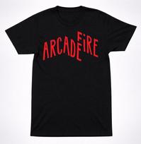 Arcade Fire Graphic Tee: Arched Red Text Logo (Unisex Black Shirt) S