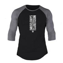 Muscleguys Nauji medvilniniai vyriški slim marškinėliai, korėjietiška versija, pavasario ir rudens, trumparankoviai viršutiniai drabužiai, baltos siūlės, trijų ketvirčių rankovės XXL balta