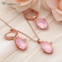 Fashion Egg Shape Oval Crystal Drop Earrings Jewelry Sets For Women Rose Gold Color Pendant Necklace Gift