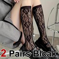2 Pairs Women Retro Floral Lace Calf Socks Summer Hollow out Breathable Fashionable Sexy Black White Jk Knee High Socks One Size