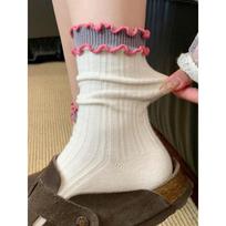 Japanese Color Blocking Black Fungus Edge Middle Tube Socks for Women Ins Dopamine Double-layer Pure Cotton Loose Long Socks New 35-39 balta