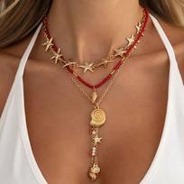 Salircon 3 Pcs/Set Bohemia Imitation Pearl Crystal Conch Pendant Necklace for Women Trendy Metal Starfish Clavicle Chain Jewelry