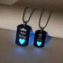 Stainless Steel Luminous Love Heart Her King & His Queen Crown Pendant Necklace for Women Couple Necklace Jewelry Gifts