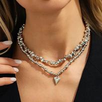 SHIXIN 2Pcs/set Simple Heart Pendant Necklace Women Trendy Creative Geometric Irregular Bead Silver Color Clavicle Chain Jewelry